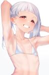  1girl :d arashi_chisato armpits arms_up bangs bikini blunt_bangs blush collarbone ear_blush flat_chest grey_hair grin highres long_hair love_live! love_live!_superstar!! nasuno_(nasuno42) parted_lips red_eyes simple_background smile solo steaming_body sweat swimsuit tan tanlines teeth twintails upper_body white_background white_bikini 