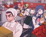  3boys 4girls :o :q andou_ruruka apron bangs black_dress black_gloves black_hair blue_hair blue_sailor_collar bow bowtie brown_hair brown_jacket chef_hat collared_shirt cooking danganronpa:_trigger_happy_havoc danganronpa_(series) danganronpa_2:_goodbye_despair danganronpa_3_(anime) danganronpa_v3:_killing_harmony dress drill_hair food frying_pan fur_collar gloves green_necktie grey_jacket hair_ornament hairclip hanamura_teruteru hat highres holding holding_food holding_frying_pan holding_tray hope&#039;s_peak_academy_school_uniform ishimaru_kiyotaka jacket kamukura_izuru kitchen knife komaeda_nagito long_hair long_sleeves maid_headdress maizono_sayaka midori_(310ri_21) multiple_boys multiple_girls neck_ribbon necktie open_mouth pink_bow pink_bowtie pink_headwear plate potato red_apron red_eyes red_ribbon red_scarf ribbon sailor_collar scarf school_uniform shiny shiny_hair shirogane_tsumugi shirt short_hair smile tongue tongue_out toujou_kirumi tray white_shirt 