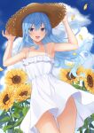  1girl :d alternate_costume armpits arms_up bangs bare_arms bare_shoulders blue_eyes blue_hair blue_sky cloud collarbone commentary_request cowboy_shot dress dutch_angle flat_chest floating_hair flower frills hair_between_eyes hat highres hololive hoshimachi_suisei leaf long_hair open_mouth outdoors petals revision sky smile solo spaghetti_strap star_(symbol) star_in_eye straw_hat sun_hat sundress sunflower sunflower_petals symbol_in_eye terry_(pixiv3274443) thighs virtual_youtuber wavy_hair white_dress wind wind_lift yellow_flower 