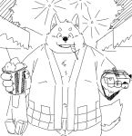  2022 anthro belly canid canine canis domestic_dog eating eyes_closed fireworks food fugashi4090 happi_(clothing) humanoid_hands kemono male mammal navel overweight overweight_male solo 