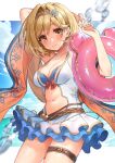  1girl blonde_hair breasts cleavage closed_mouth djeeta_(granblue_fantasy) frilled_swimsuit frills granblue_fantasy holding holding_innertube innertube iro_178 looking_at_viewer medium_breasts navel short_hair smile solo swimsuit thigh_strap thighs twitter_username wet yellow_eyes 