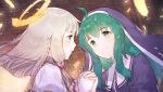  2girls ahoge angel_wings blonde_hair blue_eyes blurry blurry_background braid brick_wall collar commentary_request feathered_wings feathers gabriel_(housamo) green_eyes green_hair halo holding_hands long_hair maria_(housamo) multiple_girls nun official_art open_mouth partial_commentary pout puffy_sleeves shiny shiny_hair short_hair sidelocks smile sparkle tokyo_afterschool_summoners veil wings zhuzi 