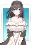  1girl absurdres black_hair black_shawl blush breasts cleavage collarbone dress framed highres horitama0212 idolmaster idolmaster_cinderella_girls large_breasts looking_at_viewer medium_hair off-shoulder_dress off_shoulder sagisawa_fumika shawl smile solo straight_hair white_dress 