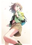  1girl backpack bag boots brown_skirt from_below gradient gradient_background green_eyes green_jacket grey_hair hair_ornament hairclip highres jacket kohshibasaki leaf long_sleeves looking_away miniskirt navel short_hair simple_background skirt thighs wind yama_no_susume yukimura_aoi 