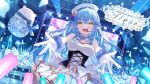  1girl :d absurdres bangs bare_shoulders blue_bow blue_bowtie blue_hair blush bow bowtie braid breasts corset daifuku_(yukihana_lamy) dress elf flower gloves glowstick hair_between_eyes hat heiyan_shenshi highres hololive hololive_idol_uniform large_breasts long_hair looking_at_viewer microphone multicolored_hair outstretched_arms pointy_ears sleeveless sleeveless_dress smile solo stage_lights streaked_hair very_long_hair virtual_youtuber white_dress white_flower white_gloves white_headwear yellow_eyes yukihana_lamy 
