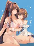  2girls bikini blue_background breasts brown_hair cleavage collarbone dress flower hair_flower hair_intakes hair_ornament highres hug kantai_collection kasumi_(skchkko) kneeling large_breasts long_hair looking_at_viewer multiple_girls navel official_alternate_costume one_eye_closed open_mouth ponytail short_hair sidelocks simple_background smile sundress swimsuit very_long_hair white_bikini yamato_(kancolle) yamato_kai_ni_(kancolle) yukikaze_(kancolle) 