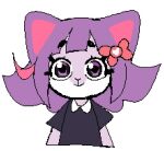  2022 accessory anthro black_clothing black_dress black_nose bow_ribbon clothed clothing domestic_cat dress felid feline felis female fur hair hair_accessory hair_bow hair_ribbon looking_at_viewer mammal masyunya_(vkontakte) multicolored_body multicolored_fur purple_body purple_eyes purple_fur purple_hair ribbons simple_background smile solo vkontakte white_body white_fur wiscats 