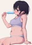  1girl absurdres bare_shoulders black_eyes black_hair blush bouen bra breasts cleavage food grey_bra grey_panties highres navel original panties popsicle short_hair simple_background sitting solo stomach sweat tongue tongue_out underwear underwear_only white_background 