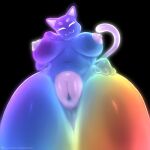  2022 absurd_res anthro big_breasts breasts domestic_cat eyes_closed felid feline felis female genitals hi_res looking_at_viewer looking_down low-angle_view mammal multicolored_body navel nude plump_labia pussy rainbow_(sadflowerhappy) sadflowerhappy solo solo_focus thick_thighs 