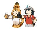  2girls animal_hands bangs black_gloves black_hair blonde_hair bow bowtie commentary_request fallout_(series) gloves hair_between_eyes hand_on_hip hat_feather kaban_(kemono_friends) kemono_friends multiple_girls one_eye_closed paw_gloves red_shirt ruukii_drift serval_(kemono_friends) shirt short_hair skirt sleeveless sleeveless_shirt style_request t-shirt thumbs_up vault_boy 