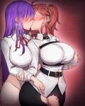  2girls ahoge bb_(fate) belt belt_buckle black_pants blush breasts buckle censored cowboy_shot faceless faceless_female fate/grand_order fate_(series) french_kiss fujimaru_ritsuka_(female) futa_with_female futanari gradient gradient_background groin highres holding_another&#039;s_wrist huge_breasts kiss long_hair long_sleeves mosaic_censoring multiple_girls neck_ribbon no_panties one_side_up pants penis_outside pink_background purple_hair red_hair red_ribbon ribbon rikuguma short_hair torn_clothes torn_pants 