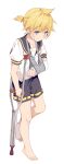  1boy absurdres arm_sling bandage_on_face bandages barefoot bass_clef black_sailor_collar black_shorts blonde_hair blood blood_on_bandages blue_eyes cast commentary crutch full_body head_down highres hmniao holding_crutch injury kagamine_len leg_cast male_focus musical_note musical_note_print nail_polish sailor_collar shirt short_ponytail short_sleeves shorts simple_background solo spiked_hair standing standing_on_one_leg toenail_polish toenails vocaloid white_background white_shirt yellow_nails 