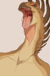  anthro bodily_fluids brown_body bust_portrait dinosaur front_view glistening glistening_tongue grey_background imperatorcaesar male mouth_shot narrowed_eyes open_mouth portrait red_tongue reptile saliva saliva_on_tongue saliva_string scalie simple_background solo tan_body tongue unsigned 