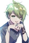  1boy :d amami_rantarou antenna_hair bangs bracelet danganronpa_(series) danganronpa_v3:_killing_harmony ear_piercing green_eyes green_hair grey_background hair_between_eyes highres jewelry long_sleeves mutsuki_(yowa_otsumu) necklace open_mouth own_hands_together pale_skin piercing ring shiny shiny_hair shirt short_hair simple_background smile solo striped striped_shirt teeth tongue upper_body upper_teeth 