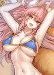  1girl animal_ear_fluff animal_ears bangs bare_shoulders bikini blue_bikini blush breasts cleavage collarbone fate/grand_order fate_(series) fox_ears fox_girl fox_tail highres large_breasts long_hair looking_at_viewer navel open_mouth pink_hair sidelocks smile solo swimsuit tail tamamo_(fate) tamamo_no_mae_(swimsuit_lancer)_(fate) wisespeak yellow_eyes 