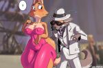 big_breasts bodily_fluids breasts canid canine canis cleavage clothed clothing diane_foxington dreamworks dress female fox fur lollipopcon male mammal mr._wolf_(the_bad_guys) orange_body orange_fur sweat tenting the_bad_guys wolf 
