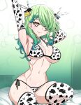  1girl absurdres animal_ears animal_print bed_sheet bikini breasts ceres_fauna cleavage cow_ears cow_girl cow_print ear_tag green_hair hair_ornament highres hololive hololive_english long_hair looking_at_viewer muugumemo navel solo sweat swimsuit thighhighs virtual_youtuber 