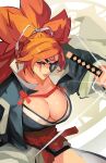  1girl amputee artist_request baiken big_hair breasts cleavage eyepatch facial_tattoo guilty_gear guilty_gear_strive highres japanese_clothes katana kimono large_breasts long_hair one-eyed open_clothes open_kimono pink_hair ponytail sash scar scar_across_eye scar_on_face solo sword tattoo weapon 