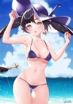  1girl :o alternate_costume armpits arms_up bare_arms bikini black_hair blue_sky blurry blurry_background blush cloud cowboy_shot day earrings floating_hair genshin_impact green_eyes hat hat_ribbon highres jewelry long_hair looking_at_viewer mona_(genshin_impact) navel open_mouth outdoors ponytail_holder purple_bikini ribbon signature sky solo sparkle_print star_(symbol) star_earrings string_bikini sun_hat swimsuit twintails tyenka7728 