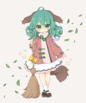  1girl :3 ahoge animal_ears artist_name bamboo_broom bangs broom crossed_ankles dated dog_ears dog_tail dress green_eyes green_hair holding holding_broom kasodani_kyouko leaf long_hair looking_at_viewer petals simple_background solo tail touhou white_background yaco_(nuitnotte) 