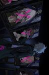  1boy bangs black_bow black_pants blood bow cross danganronpa_(series) danganronpa_2:_goodbye_despair enoshima_junko green_jacket grey_hair hand_in_pocket highres hinata_hajime hood hooded_jacket iei jacket komaeda_nagito komahi_suki long_sleeves medium_hair open_clothes open_jacket owari_akane pants pink_blood print_shirt shirt solo standing 