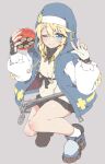  1boy androgyne_symbol blonde_hair blue_eyes blush bridget_(guilty_gear) cross fingerless_gloves gloves guilty_gear guilty_gear_strive highres hood hoodie long_hair looking_at_viewer male_focus nokita_(pinmisil) one_eye_closed otoko_no_ko ribbon short_hair simple_background smile solo yo-yo 