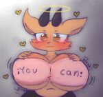  &lt;3 angel anthro belly big_breasts blush blush_lines breasts brown_body brown_skin cervid digital_media_(artwork) disastercat english_text female halo hi_res horn humanoid mammal simple_background slosh sloshing_breasts solo text yellow_eyes 