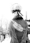  1boy arms_behind_back bag black_blindfold blindfold blurry blurry_background day from_behind grey_shirt long_sleeves mellow_rag nier_(series) nier_automata outdoors penis shirt solo standing sunlight tree yorha_no._9_type_s 