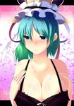  aqua_hair blue_eyes blush bra breasts cleavage cum cum_on_body cum_on_breasts cum_on_upper_body gradient_hair green_hair hat kusaka_eiki large_breasts lingerie multicolored_hair shiki_eiki short_hair solo touhou underwear 