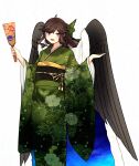  1girl alternate_costume bird_wings black_wings blush bow commentary_request cosmos_0131 floral_print green_bow green_kimono hagoita hair_bow japanese_clothes kimono long_sleeves looking_at_viewer new_year open_mouth paddle pixiv_username red_eyes reiuji_utsuho sash simple_background solo touhou twitter_username white_background wide_sleeves wings 