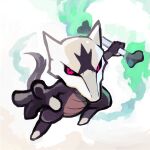  alolan_marowak black_sclera bone cartoon_bone colored_sclera fire flaming_weapon full_body green_fire holding holding_bone mask outstretched_hand pokemon pokemon_(creature) pokemon_sm rae_(hexedwithluck) reaching reaching_towards_viewer red_eyes skull_mask skull_on_head tail 