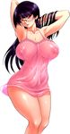  andou_hiroyuki armpits arms_up breasts copyright_request covered_nipples curvy huge_breasts naughty_face nightgown purple_hair red_eyes see-through solo 