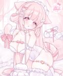  1girl :o absurdly_long_hair animal_ears animal_hands blunt_bangs blush bow bow_on_wing breasts cat_ears cat_girl cat_tail choker collarbone covered_navel cozybun curtains detached_wings dot_nose droopy_ears frilled_pillow frilled_thighhighs frills gloves hair_bow hair_ornament hair_spread_out hairpin hand_rest heart heart-shaped_pillow heart_o-ring highres indoors knees_out_of_frame large_breasts leotard long_hair looking_at_viewer low_neckline maid_headdress mini_wings o-ring o-ring_thigh_strap on_bed original own_hands_together pastel_colors paw_gloves pillow pink_bow pink_eyes pink_hair pink_theme revealing_clothes single_sidelock single_wing solo split_mouth tail tail_bow tail_ornament thigh_strap thighhighs v_arms very_long_hair white_choker white_footwear white_gloves white_leotard white_thighhighs white_wings wing_hair_ornament wings x_hair_ornament 
