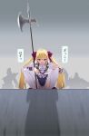  1girl absurdres blonde_hair bow breasts commentary_request dark_souls_(series) dark_souls_i dragon_slayer_ornstein executioner_smough from_above hair_bow halberd highres long_hair long_sleeves medium_breasts nijisanji open_mouth paid_reward_available panties panty_peek polearm purple_eyes ribbon school_uniform squatting takamiya_rion takamiya_rion_(1st_costume) thighhighs translation_request twintails underwear virtual_youtuber wada_(zes16) weapon white_panties white_thighhighs 