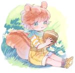  1boy :i animal_ears aqua_bandana bandana bandana_around_neck bare_legs black_socks border brown_hair brown_tail child conago fading_border flower foliage furrowed_brow grass green_eyes hand_up holding holding_acorn male_focus on_ground original outdoors overalls shirt shoes short_eyebrows short_hair sitting sleeves_pushed_up sneakers socks solo squirrel_boy squirrel_ears squirrel_tail striped_clothes striped_shirt tail three_quarter_view two-handed two-tone_shirt unfinished white_flower white_shirt yellow_footwear yellow_overalls yellow_shirt 