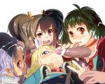  4girls :p anise_tatlin bad_id bad_pixiv_id blonde_hair blue_eyes brown_eyes brown_hair censored choker cum cum_in_mouth cum_on_tongue disembodied_penis face facial farah_oersted green_hair grey_hair group_sex hairjob licking meredy multiple_girls open_mouth patty_fleur penis pointless_censoring purple_eyes red_choker short_hair smile tales_of_(series) tales_of_eternia tales_of_the_abyss tales_of_vesperia tongue tongue_out twintails v yukihiroyuki 