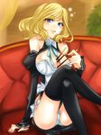  :q bad_id bad_pixiv_id between_breasts blonde_hair breasts cleavage code_geass cosplay couch crossed_legs detached_sleeves dream_c_club dream_c_club_(series) food futaba_riho futaba_riho_(cosplay) large_breasts milly_ashford panties pantyshot pocky poko_(redbla) sitting solo thighhighs tongue tongue_out underwear 