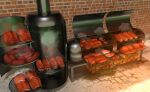 anthro balls barbecue cooking_with_furs cooking_with_humanoids cut_up duo female five_nights_at_freddy&#039;s food genitals gore grill hi_res human lagomorph leporid male mammal meat meat_on_bone ovaries pussy rabbit roasting sakita_hiroshi sausages scottgames smoking vanny_(fnaf) waynekan