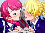  2girls blonde_hair blush earrings eyebrows_visible_through_hair fuwa_daisuke hetero jewelry lipstick makeup mole mole_under_eye multiple_girls necktie open_mouth penis perfect_hole pink_hair pov red_hair sakuragi_megu shiomi_madoka sweat teamwork uniform 