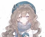  1girl aa_huaju_pifa_ma_zong anchor_hat_ornament beret blue_eyes blue_hat blue_neckerchief blue_scarf brown_hair closed_mouth curly_hair dress hair_between_eyes hair_ornament hairclip hat hat_ornament highres long_hair looking_at_viewer marcus_(reverse:1999) neckerchief reverse:1999 scarf smile solo upper_body white_background white_dress 