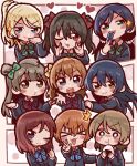  &gt;_&lt; 6+girls :3 absurdres ayase_eli black_hair blazer blonde_hair blue_bow blue_bowtie blue_eyes blue_hair blush bow bowtie brown_hair card chibi eating everyone food green_bow green_bowtie green_eyes hair_between_eyes hair_bow hair_ornament hair_rings hair_scrunchie hand_up hands_up heart henyomen highres holding holding_card hoshizora_rin jacket koizumi_hanayo kosaka_honoka long_hair long_sleeves looking_at_viewer love_live! love_live!_school_idol_project low_twintails minami_kotori multiple_girls nico_nico_nii nishikino_maki one_eye_closed one_side_up onigiri open_mouth orange_hair otonokizaka_school_uniform outstretched_hand pink_scrunchie ponytail purple_eyes purple_hair reaching reaching_towards_viewer red_bow red_bowtie red_eyes red_hair school_uniform scrunchie short_hair single_hair_ring smile sonoda_umi striped_bow striped_bowtie striped_clothes teeth tojo_nozomi twintails twirling_hair upper_teeth_only v white_scrunchie winter_uniform yazawa_nico yellow_bow yellow_eyes 