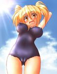  arms_behind_head arms_up bad_id bad_pixiv_id blonde_hair bodypaint breasts large_breasts mirazeru original short_hair solo twintails yellow_eyes 