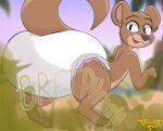 anthro beach blurred_background brown_body brown_fur diaper fart fart_cloud fart_fetish fur happy hi_res looking_back male mammal mustelid open_mouth otter silly silly_face solo teasyrat