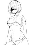  1girl arms_at_sides breasts closed_mouth commentary_request covered_eyes covered_mouth crop_top greyscale hairband medium_breasts mellow_rag monochrome navel nier_(series) nier_automata panties short_hair short_sleeves simple_background solo stomach thighs underboob underwear yorha_no._2_type_b 