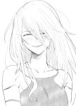  1girl arms_at_sides bangs blush commentary_request eyes_closed greyscale grin hair_between_eyes long_bangs long_hair mellow_rag mole mole_under_mouth monochrome nier_(series) nier_automata simple_background smile solo upper_body yorha_type_a_no._2 