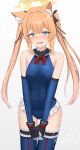  1girl animal_ear_fluff animal_ears ass_visible_through_thighs blue_archive blue_eyes blue_one-piece_swimsuit blue_sleeves blue_thighhighs breasts commentary cosplay cowboy_shot dead_or_alive dead_or_alive_5 elbow_gloves embarrassed frilled_one-piece_swimsuit frilled_thighhighs frills gloves grey_background halo highres long_hair looking_at_viewer mari_(blue_archive) marie_rose marie_rose_(cosplay) marie_rose_(devilish_servant_against_the_splashing_waves) name_connection one-piece_swimsuit orange_hair ribbon silver_bullet_(ecc12_8) simple_background solo swimsuit thighhighs twintails white_background yellow_halo 