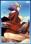  1girl ahegao ass censored cowgirl_position cum feathers fucked_silly girl_on_top headdress hetero highres hood hoodie kuzuryuu_amane megami_ibunroku_devil_survivor mosaic_censoring penis purple_eyes purple_hair sex short_hair solo_focus straddling tasaka_shinnosuke 