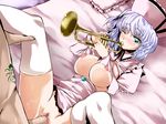  1girl atoshi blue_eyes breasts censored hat hetero instrument large_breasts lavender_hair lying merlin_prismriver multitasking nipples no_panties open_clothes penis sex short_hair solo_focus tattoo tears thighhighs touhou trumpet vaginal white_legwear wince 