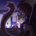 1:1 anthro cigarette city city_background domestic_cat felid feline felis female fire fluffy fluffy_tail fur gun hi_res isea_(turkojar) mammal mercenary night pink_body pink_fur ranged_weapon rifle sniper_rifle solo tactical_gear tail turkojar weapon