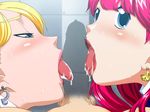  2girls blonde_hair blush earrings fellatio fuwa_daisuke game_cg hetero invisible_penis jewelry lipstick makeup multiple_fellatio multiple_girls open_mouth oral penis perfect_hole pink_hair pov red_hair sakuragi_megu saliva shiomi_madoka sweat teamwork tongue tongue_out uniform 